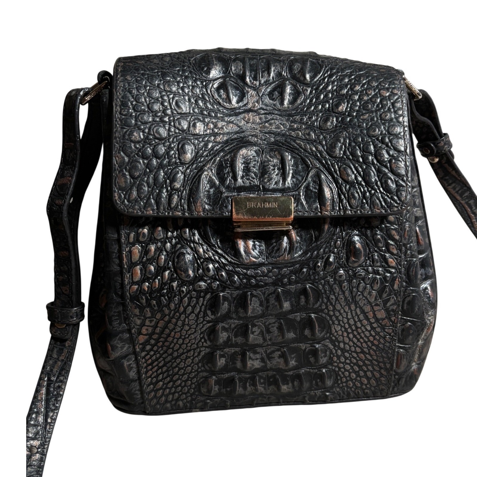 Brahmin Black Bronze Croc Embossed Leather Crossbody Bag Gold Hardware Flap Bag